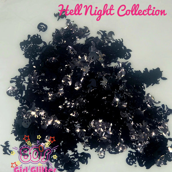 Hell Night Collection - Glitter - Glitter Shapes - Halloween Glitter - Skull, Witch on a Broom, Cat, Pumpkin, Ghost, and Bat Glitter Shapes