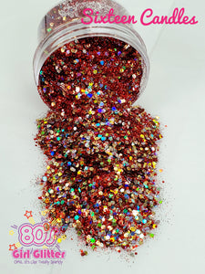 Sixteen Candles - Glitter - Red Glitter - Red Glitter and Gold Holographic Hexagons